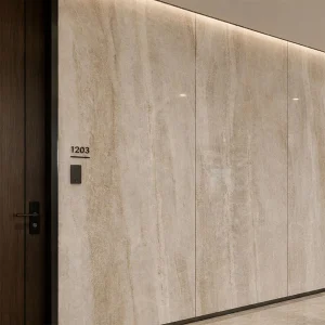 Taj Mahal Polished Beige and Ivory Quartzite Effect Rectified Porcelain Slab 1200 × 2800mm